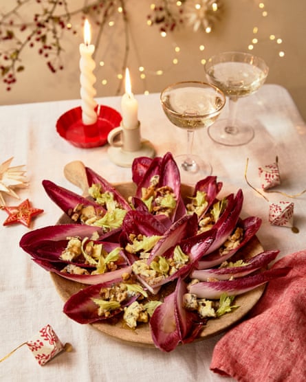 chicory leaves sprinkled with cheese and walnuts