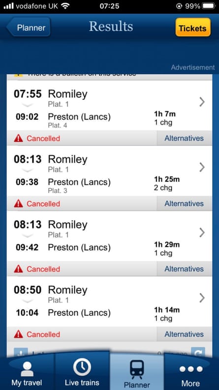 National Rail’s departure board from Romiley station yesterday morning – all trains cancelled.