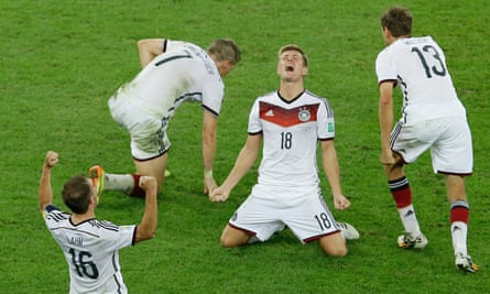 Germany’s Toni Kroos (centre) reacts as their players celebrate winning the World Cup final against Argentina.