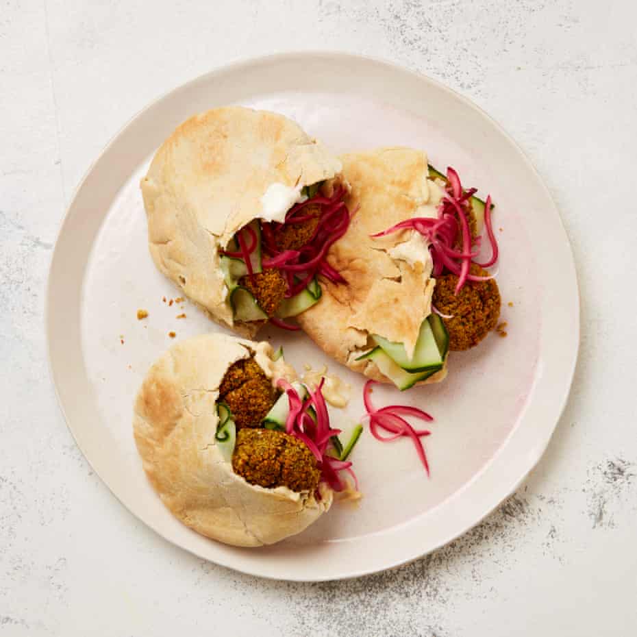 Meera Sodha’s baked carrot falafel with pickled onions.