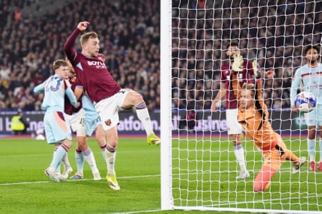 Jarrod Bowen pokes the ball home from close range to open the scoring against Brentford.
