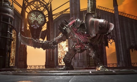 A metallic monster holds a sword, in an industrial setting. 