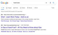 Google ads on the search term ‘fossil fuels’