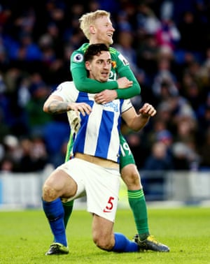 Will Hughes of Watford jostles with Lewis Dunk of Brighton &amp; Hove Albion in a 0-0 draw at the Amex Stadium. Ben Foster was the hero for Watford, making a number of fine saves.