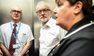 Jeremy Corbyn (centre) during a visit to Crawley Hospital.