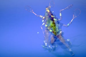 A multiple exposure photo of the Spanish player Rafael Nadal during an exhibition match in Belo Horizonte, Brazil