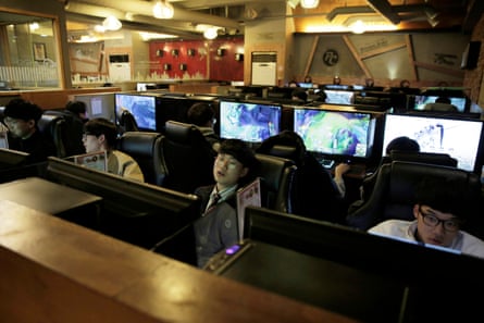 Young male gamers in a PC bang in the Hongdae area of Seoul in March 2017.