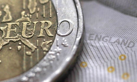 A euro coin and a sterling note