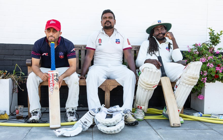 (Left to right) Mohammed Kashif Sohail, Sachithra Serasinghe and Tevin Sterling from Catford & Cyphers Cricket Club watch their bats against High Halstow.