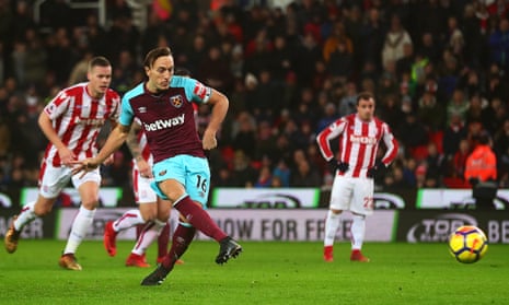 Mark Noble sends Stoke keeper Jack Butland the wrong way and West Ham have the lead.