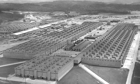 Aerial view of the K-25 plant, Oak Ridge, ca. 1945. The K-25 plant was built for the enrichment of uranium through gaseous diffusion, in which gaseous U-235 was separated from U-238 through an incredibly fine mesh. When completed, K-25 was the largest building in the world under one roof.