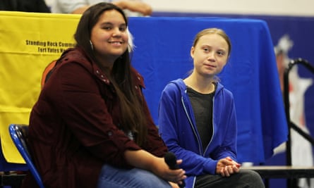 Tokata Iron Eyes with Greta Thunberg at a youth panel at the Standing Rock Indian Reservation, North Dakota in 2019.