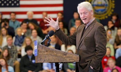 Bill Clinton campaigning for his wife Hillary Clinton at Nashua Community College in New Hampshire.