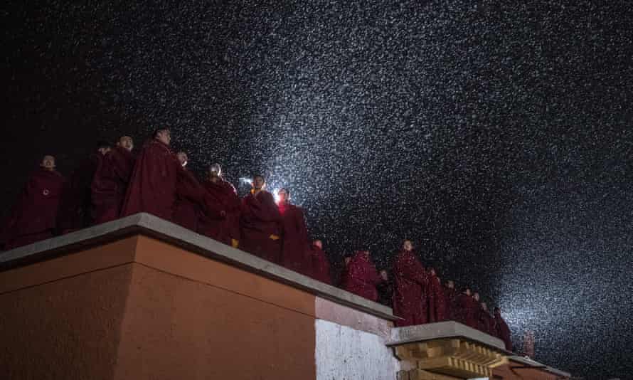 Tibetan Buddhist monks chant during the Monlam Great Prayer festival at Labrang Monastery in Xiahe County