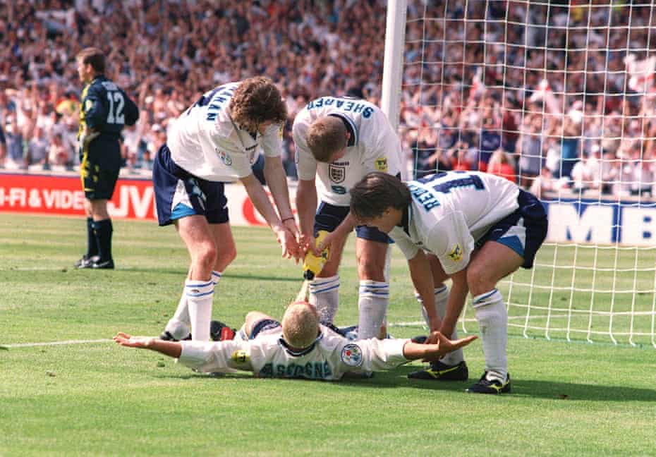 Paul Gascoigne and teammates celebrate scoring against Scotland, mimicking his notorious ‘dentist’s chair’ drinking session