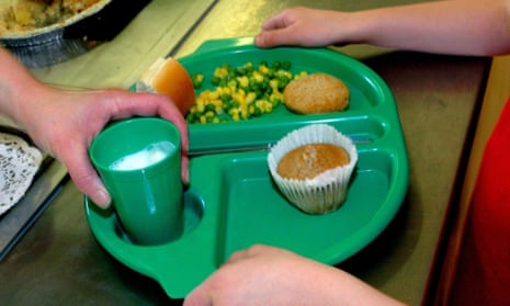 A child being handed a school meal, only their hands are visible.