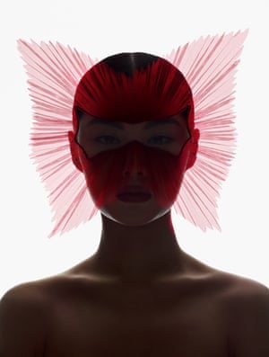 “This pleated red tulle mask in the shape of Peggy Guggenheim’s sunglasses functions as a frame to contain the beauty within.” Surréalistes design; Christian Dior by Maria Grazia Chiuri, Spring-Summer 2018.