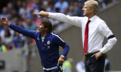 Chelsea’s manager Antonio Conte, left, ditched his suit and provided an echo of the recent past when he lined up alongside Arsène Wenger for the Community Shield game against Arsenal.