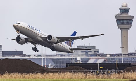 United plane taking off at an airport
