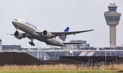 An aircraft departing from Amsterdam Schiphol in the Netherlands.