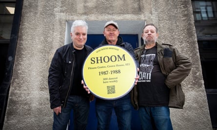 ‘People even popped my flyers!’ … George Georgiou, Danny Rampling and Nicky Holloway with the plaque for Shoom.