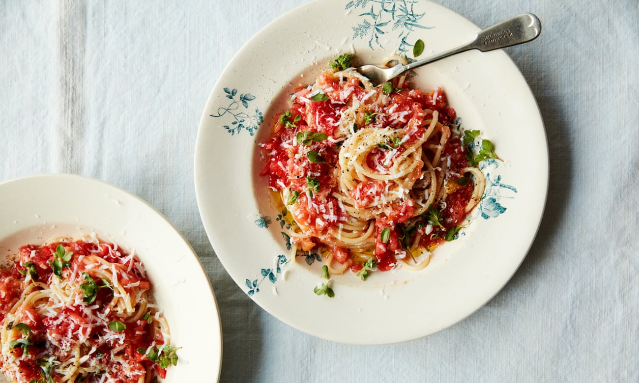 Anna Jones’s no-cook tomato sauce with pasta and summer herbs.
