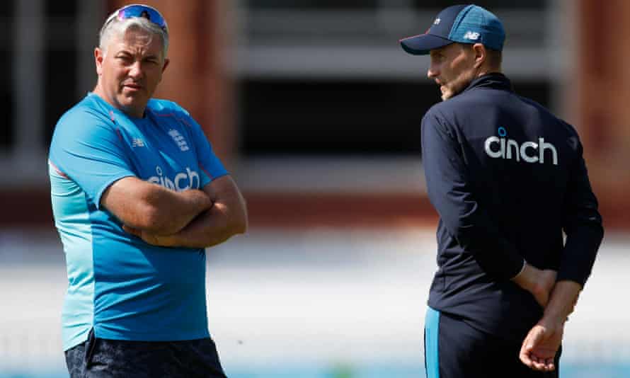 Chris Silverwood and Joe Root during a net session at Lord’s.