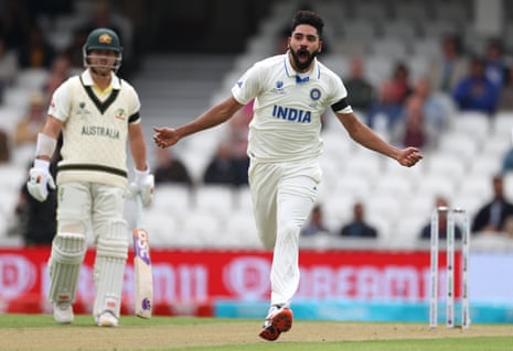 Mohammed Siraj of India celebrates after taking the wicket of Usman Khawaja