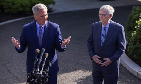 Kevin McCarthy and Mitch McConnell speak to the press after a debt ceiling meeting on 9 May 2023.
