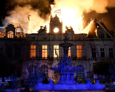 Limoges city hall burns intensely at night