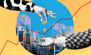 Composite image/illustration showing one hand dropping gold coins into another hand