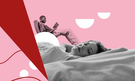 Composite image: a woman sleeps in bed while a man reads