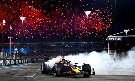Max Verstappen performs donuts on the track at Yas Marina after the Abu Dhabi Grand Prix.