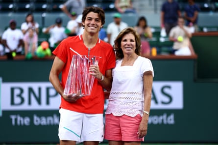 Taylor Fritz with his mother and former player Kathy May after victory over Rafael Nadal at Indian Wells in 2022