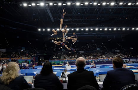 The French pair Laura Paris and Clea Brousse in the women’s synchronised trampoline final.