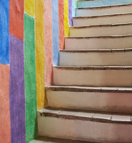 Colourful wall alongside stairs