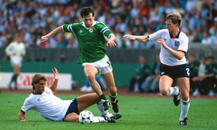 Tony Galvin skips past Glenn Hoddle and Gary Stevens as Republic of Ireland beat England.