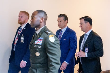 Pete Hegseth, the defense secretary, at the Capitol after the classified briefing for senators on Thursday.