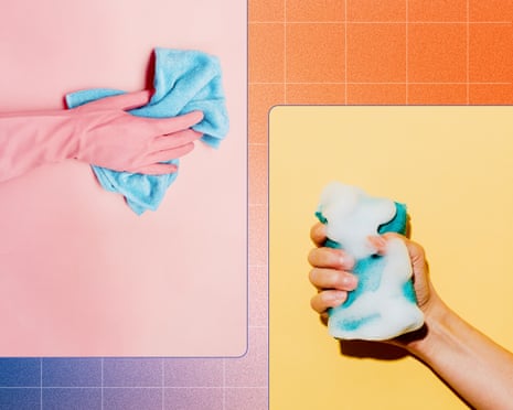 Hand in pink glove with blue cleaning rag on pink background and a hand holding a soapy blue sponge against a yellow background