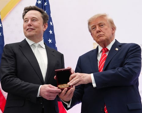 Donald Trump presents the National Medal of Science to Elon Musk during an event at the US Institute of Peace, 8 October 2026.