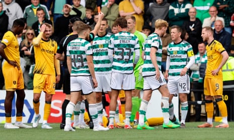 Joe Hart is shown the first red card of his long career after taking out Livingston’s Mohammed Sangare with a reckless challenge.