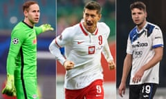 Hungary’s keeper Peter Gulacsi, Poland’s Robert Lewandowski and Albania’s Berat Djimsiti.