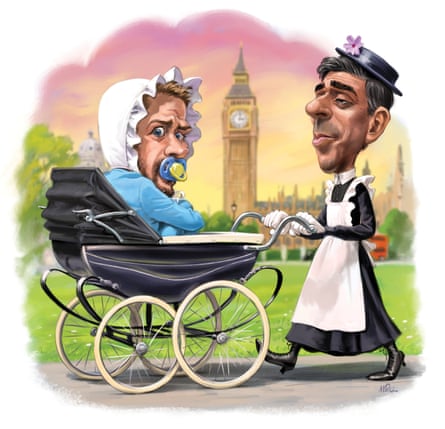 Beermat illustration of Rishi Sunak dressed as a Victorian-era nanny