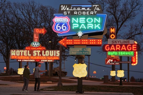 Neon signs for the Route 66 Neon Park, a hotel and a garage