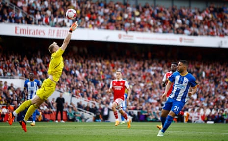 Brighton’s Deniz Undav scores their second goal against Arsenal during a 3-0 win