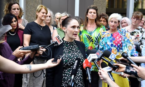 Rebecca Jancauskas (centre) speaking on behalf of victims outside court in Sydney in 2019.