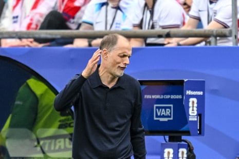 England head coach Thomas Tuchel looks frustrated during the first half.