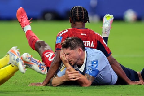 Uruguay’s Federico Valverde reacts after coming close