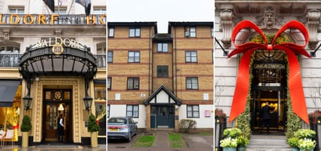 Composite image of the Waldorf Hilton in Aldwych, central London, left; the flats in north London where Zeuz Global was once registered; and One Aldwych hotel.
