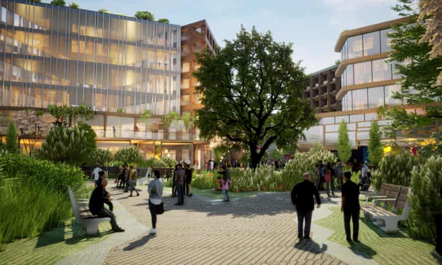 An artist's impression showing mid-rise buildings in the background and people in a landscaped park